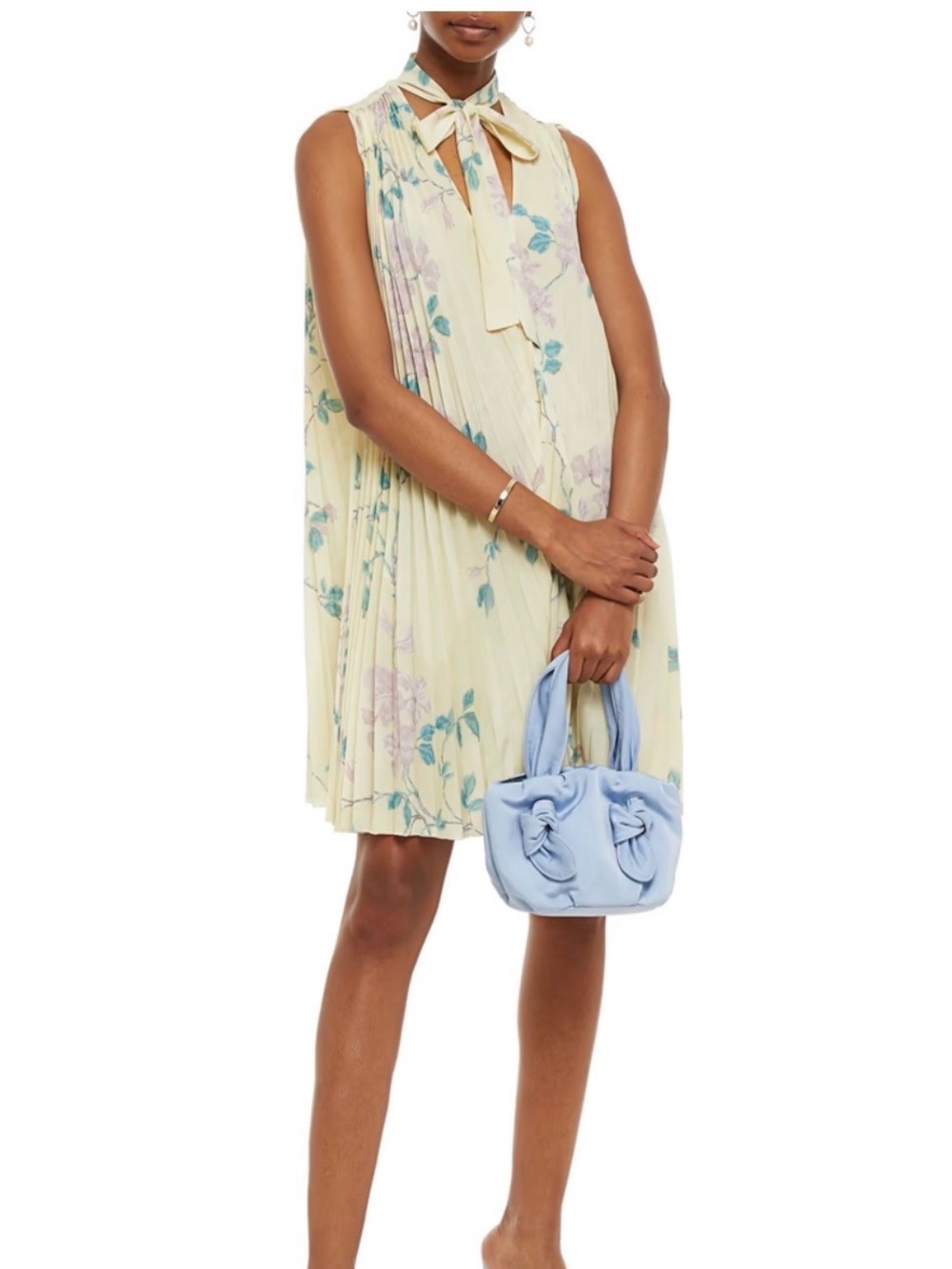 RED Valentino Cream Floral Pleated Dress with Lavender and Teal Accents